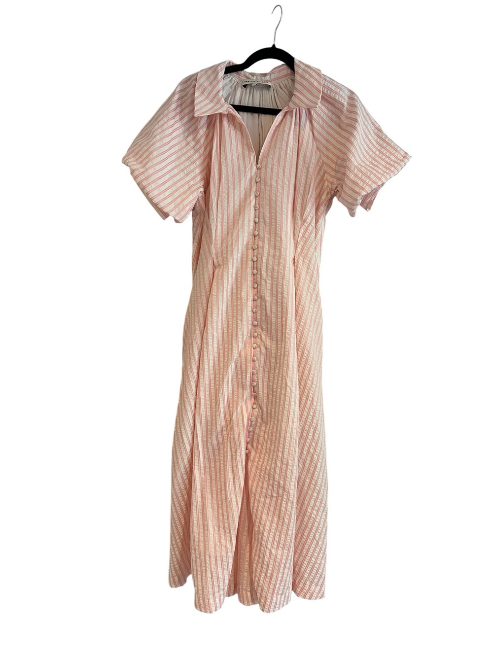 English Factory Pink Striped Button-Front Maxi Dress with Puff Sleeves